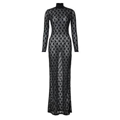 Gothic Dark Feminine Mesh Lace See Through Bodycon Long Dress