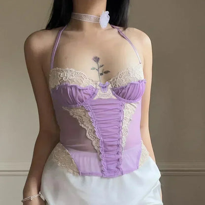 Gothic Romantic Y2K Lace Stitching Lilac Camisole Tank Top