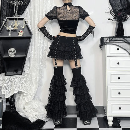 Gothic Alt Grommet Straps Ruffle Lace Mini Skirt