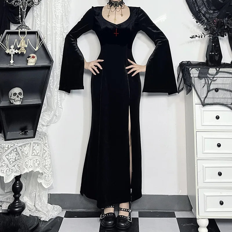 Gothic Alt Vampire Goth Open Bell Sleeves High Slit Long Dress