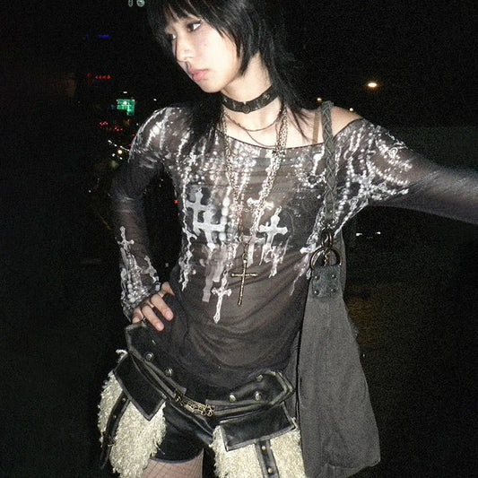 Gothic Alt  Grunge Crosses Sheer See-Through Top