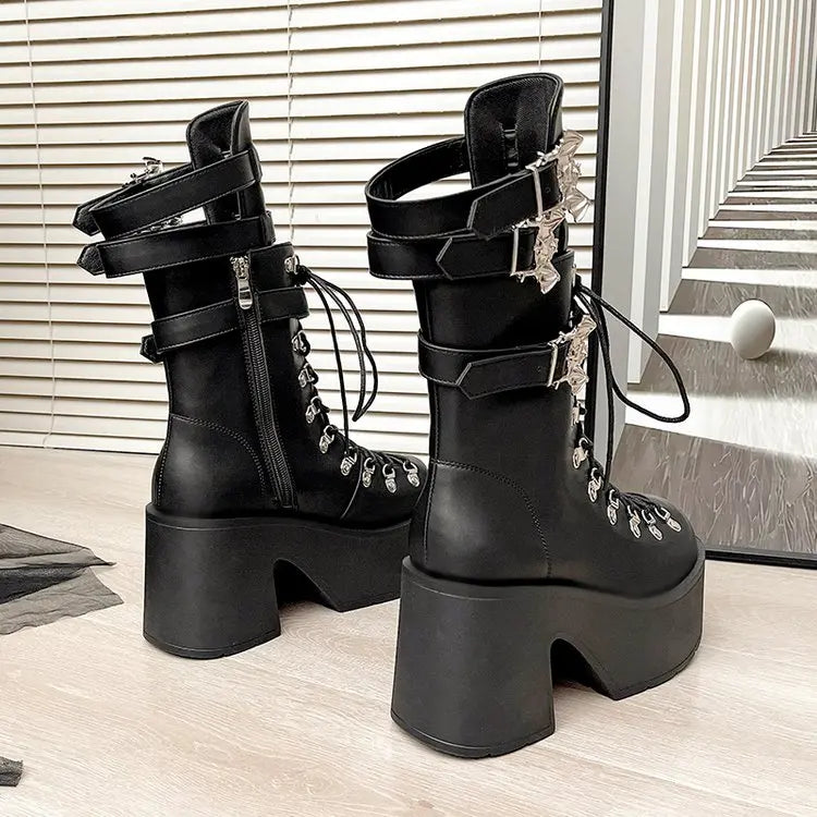 Gothic Alt Goth Bat Wings Double Buckle Lace Up Platform Boots