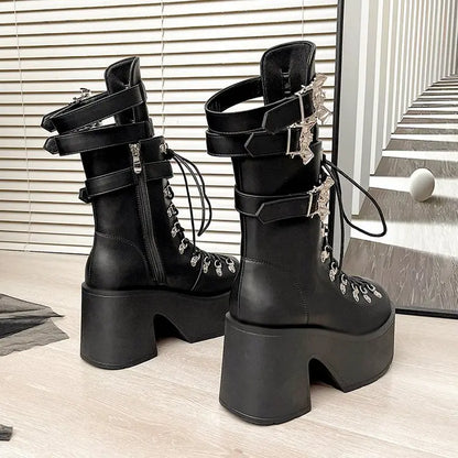 Gothic Alt Goth Bat Wings Double Buckle Lace Up Platform Boots