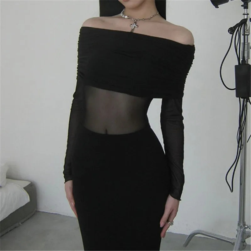 Gothic Romantic Off Shoulder Mesh Patchwork Long Sleeves Long Dress