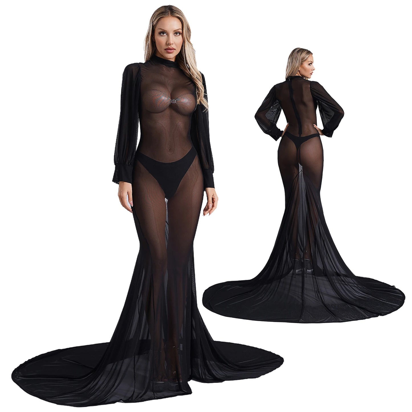 Gothic Romantic Vampire Goth Lantern Sleeve Mesh See Through Court Train Long Dress