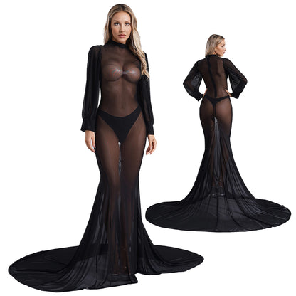 Gothic Romantic Vampire Goth Lantern Sleeve Mesh See Through Court Train Long Dress