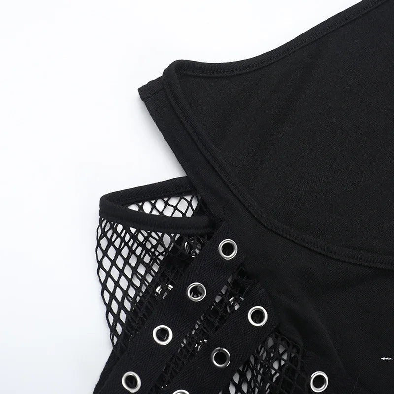 Gothic Alt Goth Punk Fishnet Sleeves Grommet Strap Patchwork Printed Top