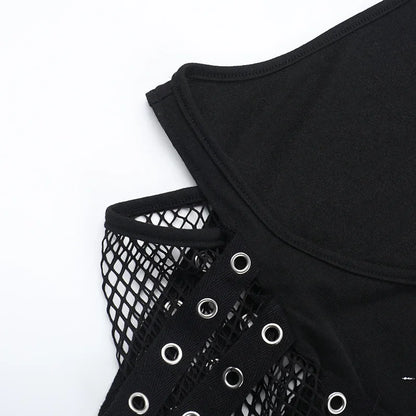 Gothic Alt Goth Punk Fishnet Sleeves Grommet Strap Patchwork Printed Top