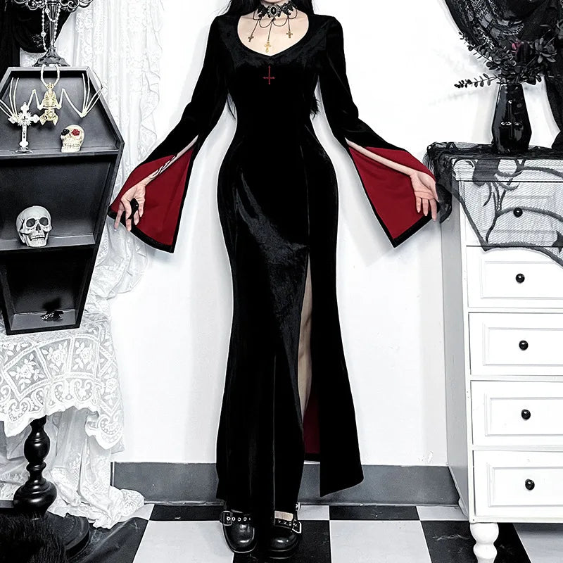 Gothic Alt Vampire Goth Open Bell Sleeves High Slit Long Dress