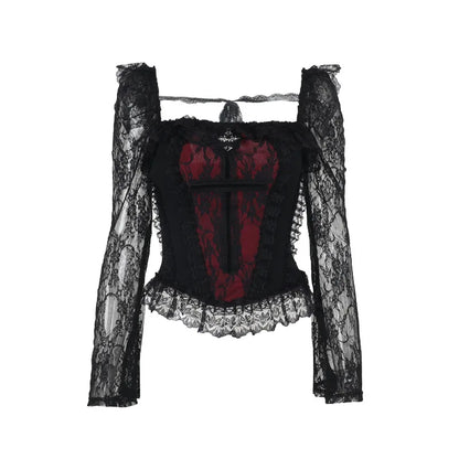 Gothic Cross Patchwork Lace Sleeves Romantic Goth Top