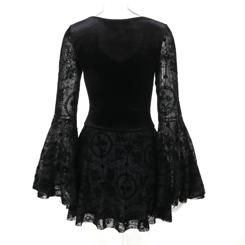 Gothic Romantic Vintage Sheer Bell Sleeves Lace Up Waist Mini Dress