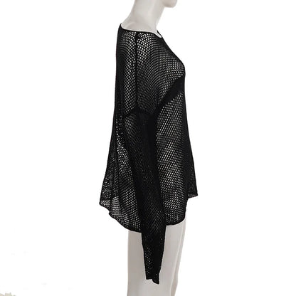 Gothic Y2K Alt Goth Punk Fishnet Mesh Cross Patchwork Long Sleeve Cover Up Top