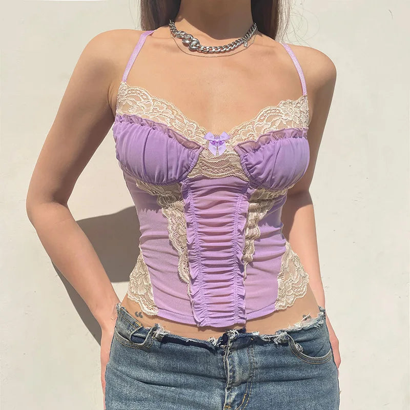 Gothic Romantic Y2K Lace Stitching Lilac Camisole Tank Top