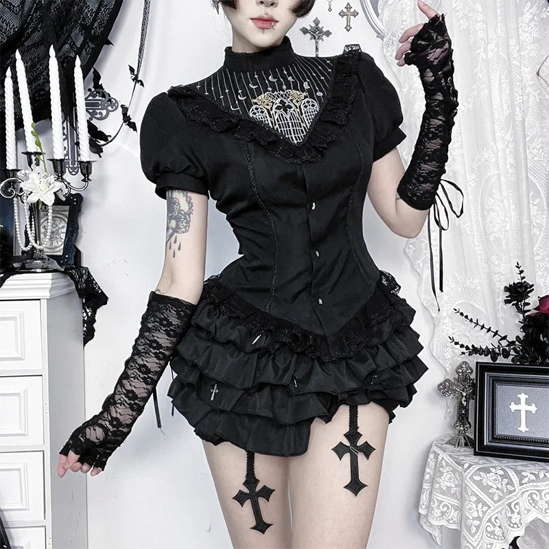 Gothic Moon Cathedral Embroidery Lace Trim Puff Sleeve Top