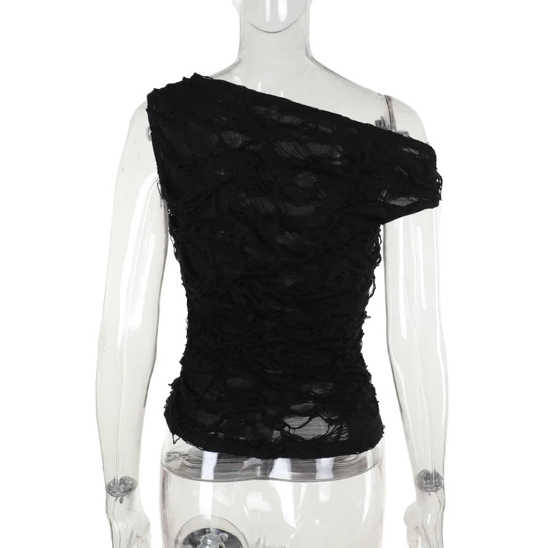 Gothic 90s Goth Off-Shoulder Distressed Top