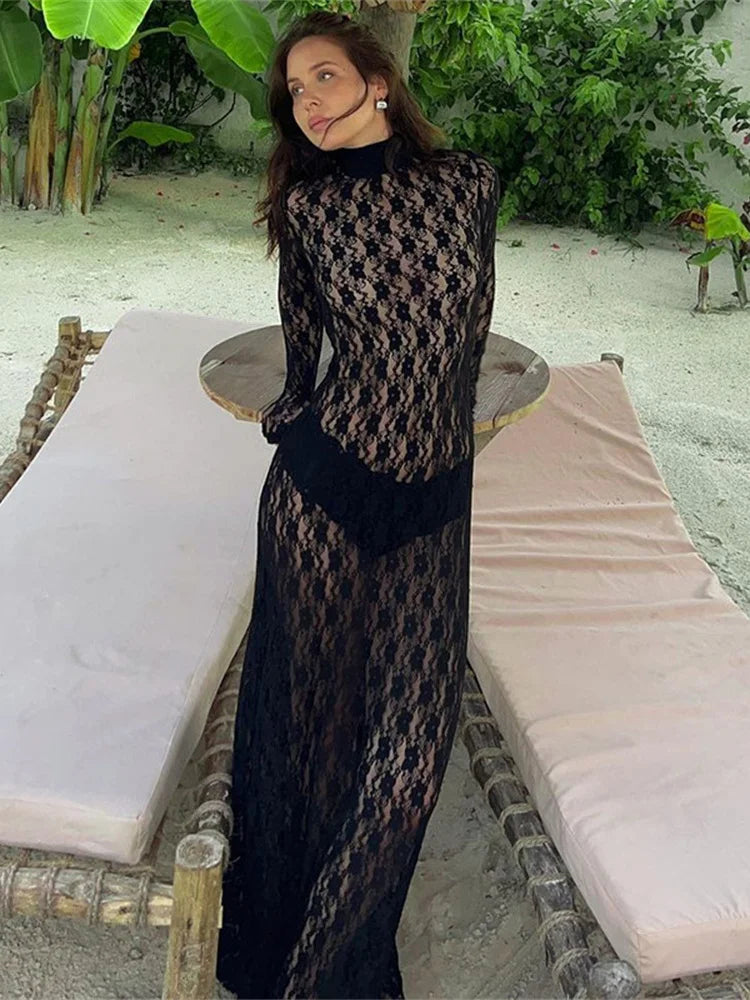 Gothic Dark Feminine Mesh Lace See Through Bodycon Long Dress