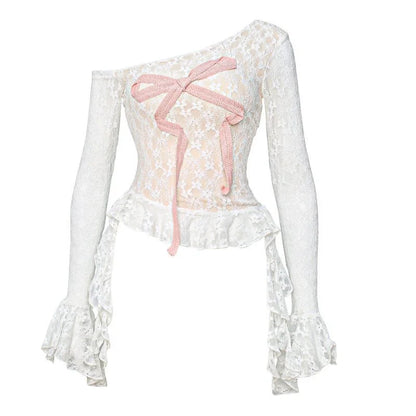 Gothic Dark Coquette Y2K White Off Shoulder Pink Bow Long Sleeve Lace Top