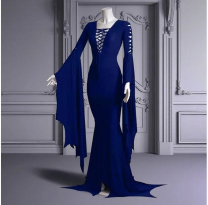 Gothic Morticia Addams Bell Sleeves Hollow Lace Up Dress (available in – ROCK 'N DOLL Gothic Morticia Addams Bell Sleeves Hollow Lace Up Dress (available in – ROCK 'N DOLL