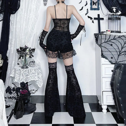 Gothic Harajuku Alt Goth Lace Patchwork Hollow Out High Waist Flare Pants