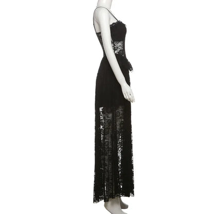Gothic Lace Jacquard Patchwork Summer Spaghetti Strap Long Dress