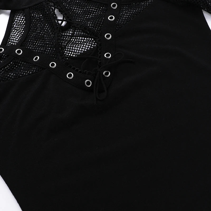 Gothic Fishnet Grommet Cut Out Short Sleeve Top