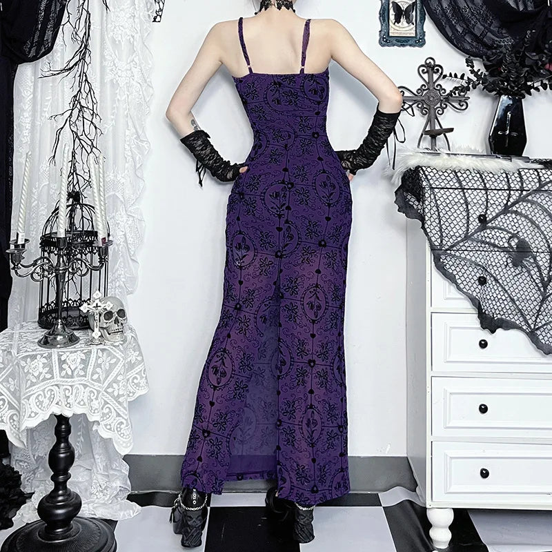 Gothic Alt Y2K Purple Sling Strap Sheer Maxi Dress