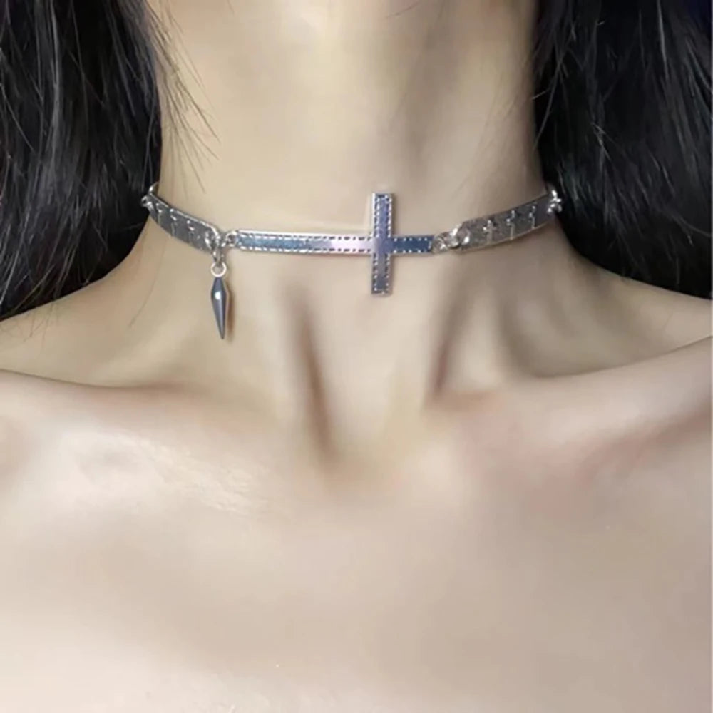 Gothic Y2K Silver Color Spliced Cross Choker Necklace