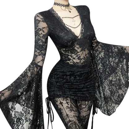 Gothic Vampire V-Neck Chain Beads Lace Bell Sleeves  Top