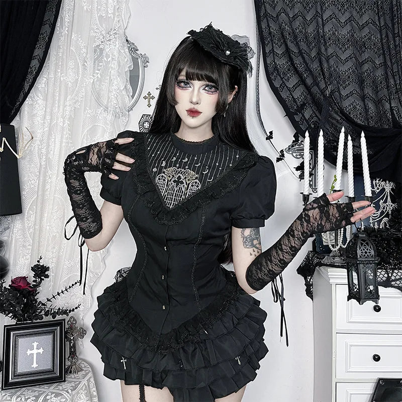 Gothic Moon Cathedral Embroidery Lace Trim Puff Sleeve Top