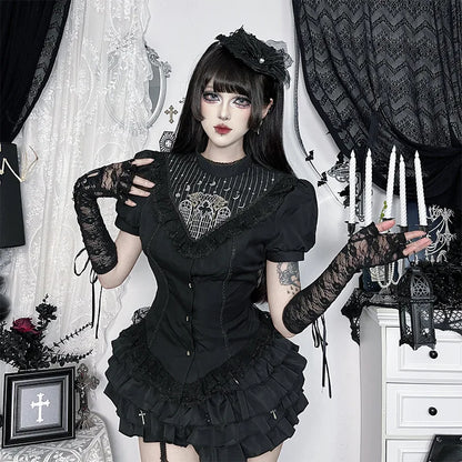 Gothic Moon Cathedral Embroidery Lace Trim Puff Sleeve Top