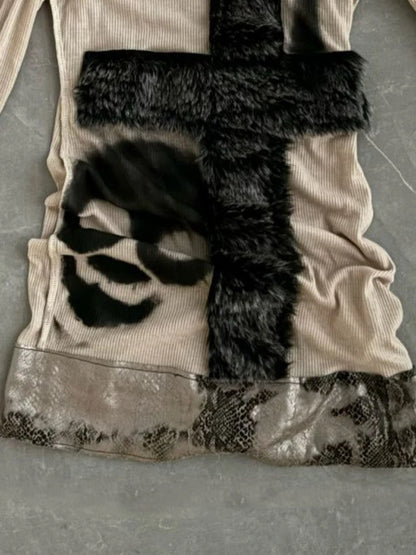 Gothic Y2K Alt Goth Skull Cross Faux Fur Patchwork Off Shoulder Long Sleeve Top