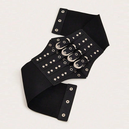 Gothic Alt Goth Studded Multiple Buckles Wide Elastic Cummerbund Belt
