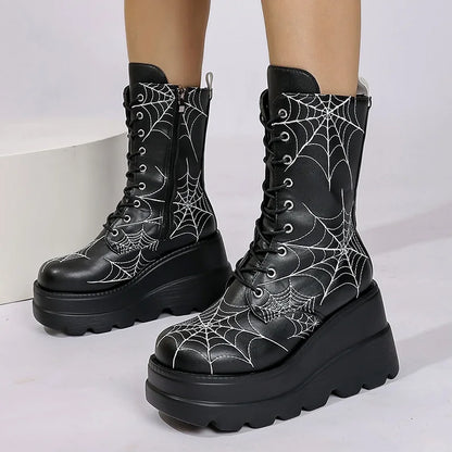 Gothic Alt Goth Halloween Spider Web Chunky Platform Mid Calf Boots