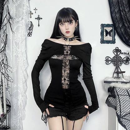 Gothic Alt Goth Cross Lace Patchwork Long Sleeve Top