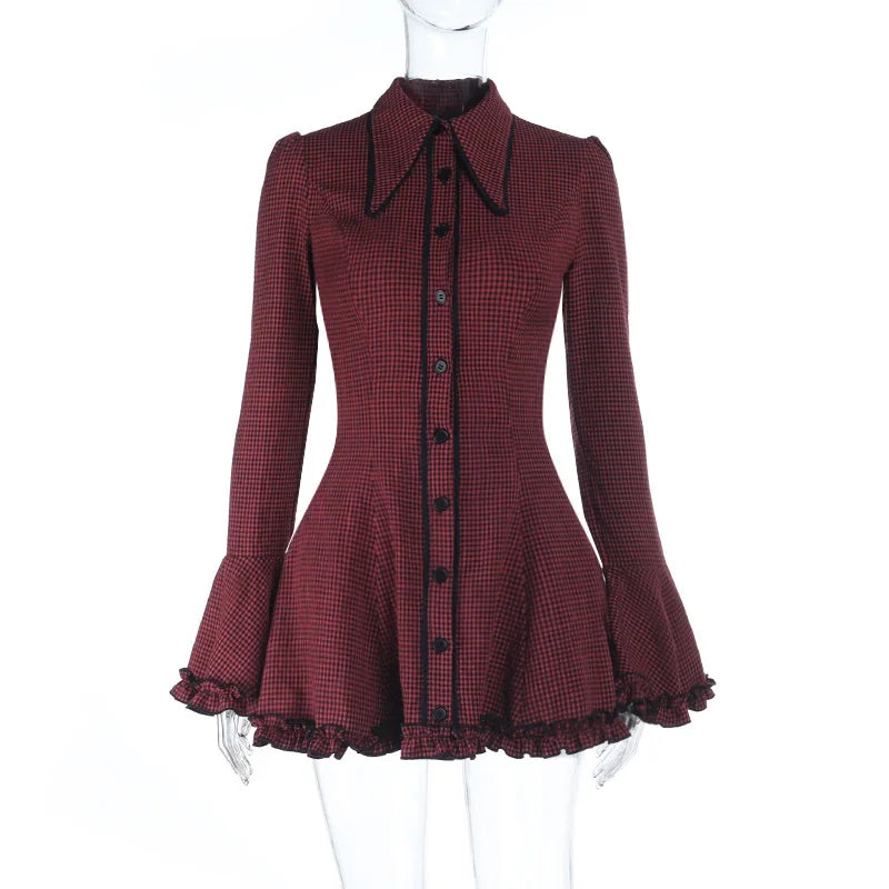 Gothic Alt Goth Red Plaid Flare Sleeve Collared Shirt Dress