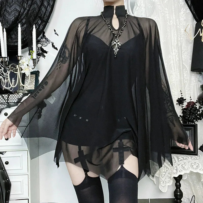 Gothic Alt Goth Black Spaghetti Strap Bodysuit Top + Sheer Cape Set