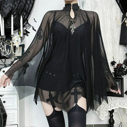 Gothic Alt Goth Black Spaghetti Strap Bodysuit Top + Sheer Cape Set
