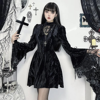 Gothic Alt Goth Vintage Cross Lace Patchwork Bell Sleeves Mini Dress