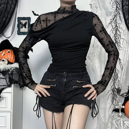 Gothic Alt Goth Y2K Cross Mesh Patchwork Shirt Top