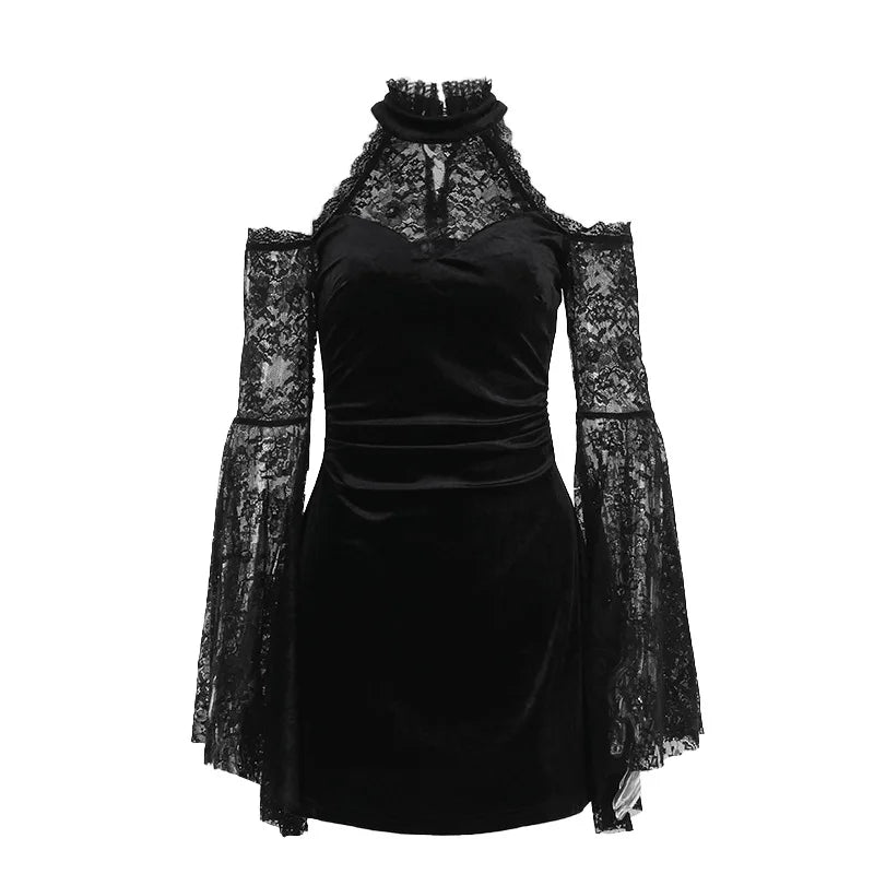 Gothic Alt Goth Cold Shoulder Bell Lace Sleeves Halter Mini Dress