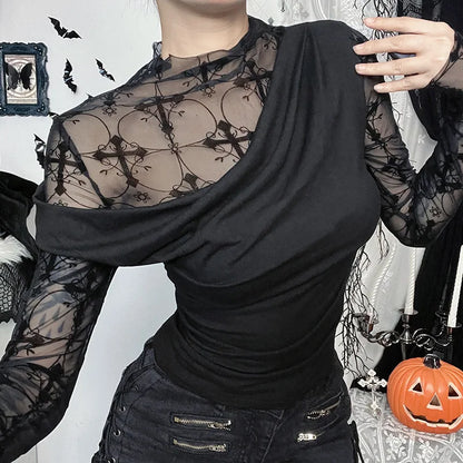 Gothic Alt Goth Y2K Cross Mesh Patchwork Shirt Top