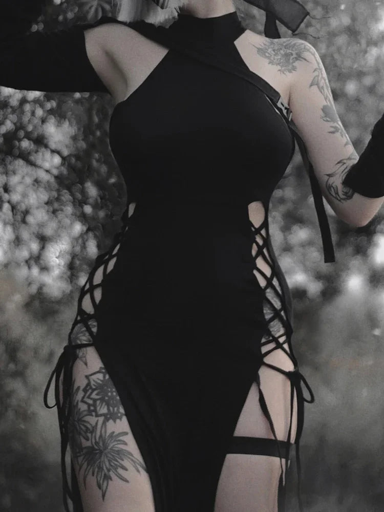 Gothic Alt Goth Dark Cosplay Lace Up High Slit Dress