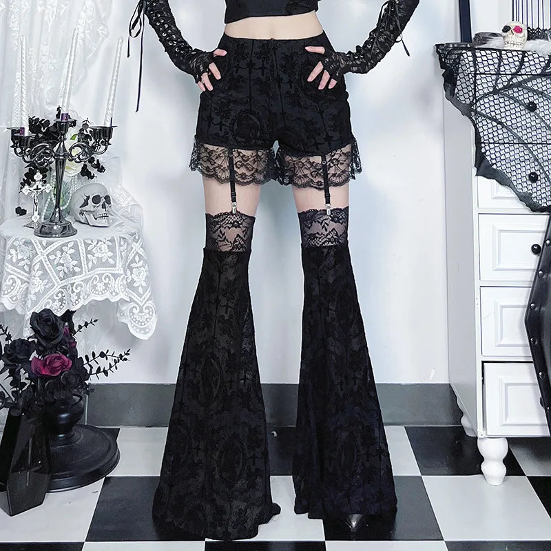 Gothic Harajuku Alt Goth Lace Patchwork Hollow Out High Waist Flare Pants
