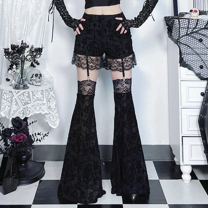 Gothic Harajuku Alt Goth Lace Patchwork Hollow Out High Waist Flare Pants