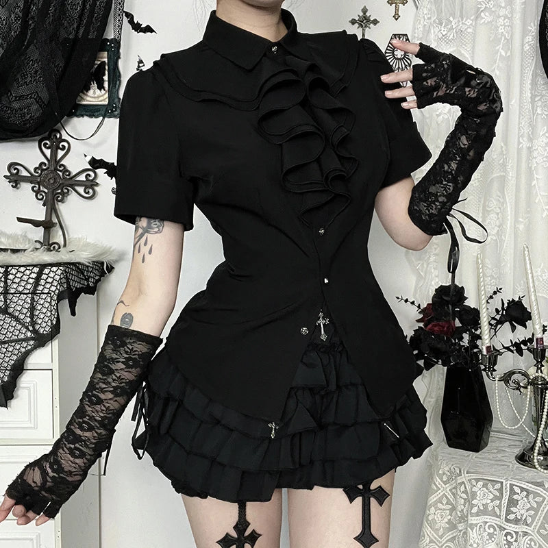 Gothic Dark Academia Goth Vintage Ruffle Short Sleeve Blouse