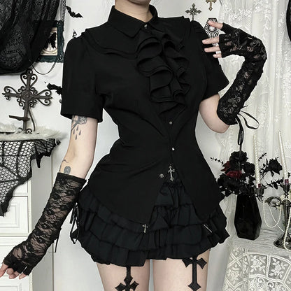 Gothic Dark Academia Goth Vintage Ruffle Short Sleeve Blouse