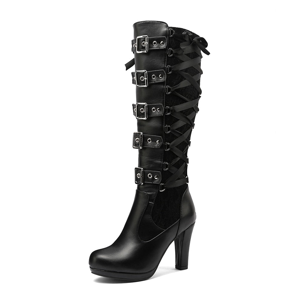 Gothic Multiple Belt Buckle Lace Knee High Boots – ROCK 'N DOLL