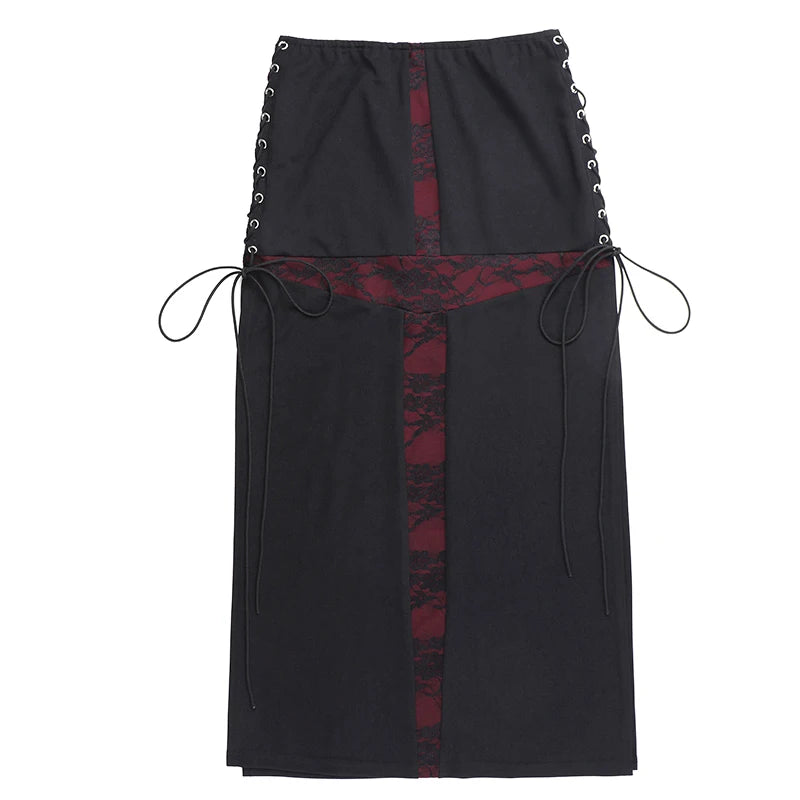 Gothic Y2K 90s Goth Cross Splicing High Slit Midi Skirt