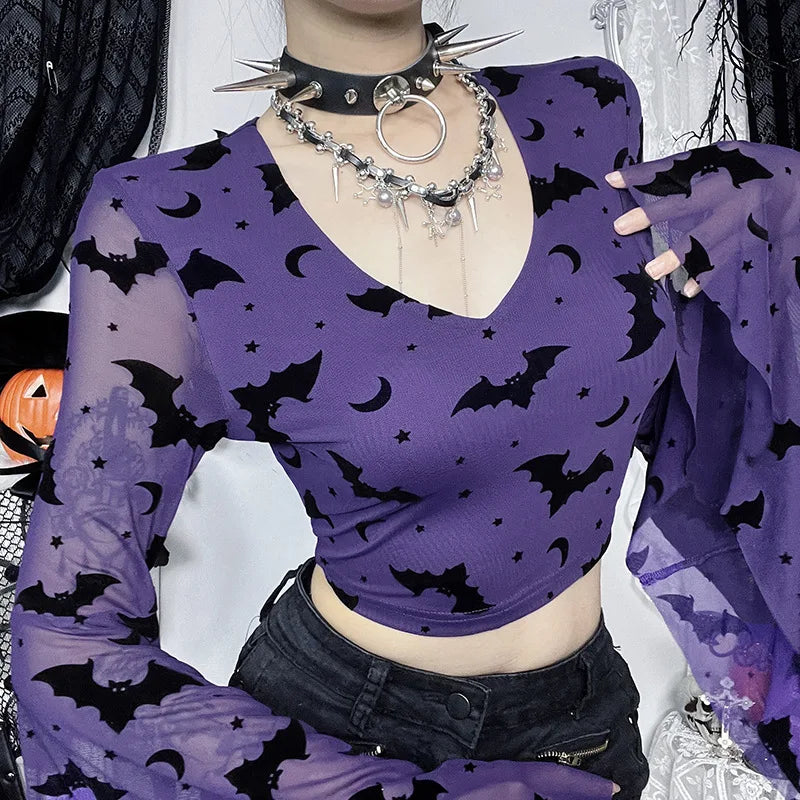 Gothic Alt Goth Batwing Flock V-neck Long Sleeve Top