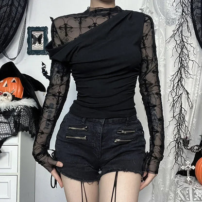 Gothic Alt Goth Y2K Cross Mesh Patchwork Shirt Top